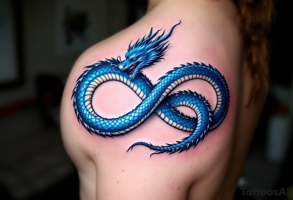 The design features a dragon, coiled in the shape of the infinity symbol (sideways number "8"). The dragon is depicted eating its own tail, symbolizing eternity and continuity, inspired by the Ouroboros.

Details:

The dragon's body has vibrant, glossy blue scales, with a smooth and polished texture.
It maintains a clean, balanced shape in the infinity figure, with sharp details and elegant flow.
Style:

The focus remains on the dragon's form, with no additional background elements to keep the design minimal and modern. tattoo idea