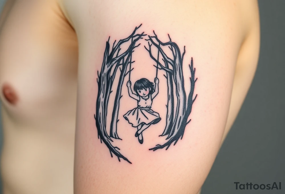 Little girl swinging in a dark scary forest tattoo idea