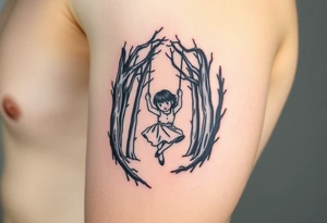 Little girl swinging in a dark scary forest tattoo idea