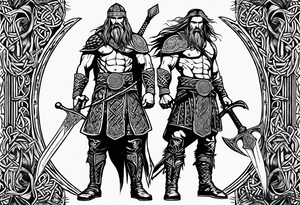 full body shot of a Celtic warrior with weapons unsheathed tattoo idea