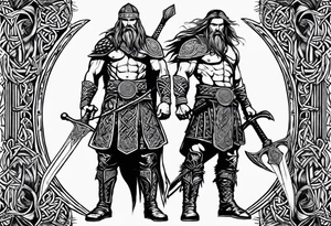 full body shot of a Celtic warrior with weapons unsheathed tattoo idea