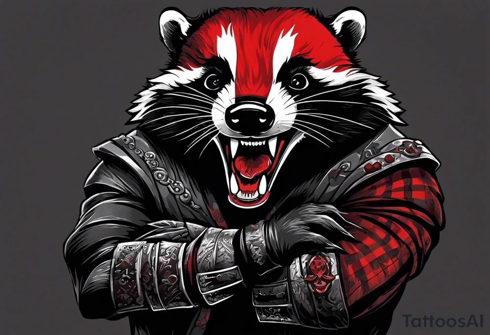 Draw me psychopath Badger/Warrior with aggressive full body, killer face with a scary smile, very long nails and he attacks like a Bloody Assassin to us and also, he has very deadly looking. He fights with his nails. Everybody scares after their first sight. Give me horror type Badger Tattoo. I want to see his Realistic full body. tattoo idea