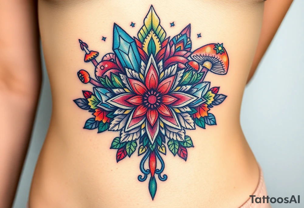 psychedelic  tattoo with crystals and  mandala style flowers and mushrooms like the second picture tattoo idea
