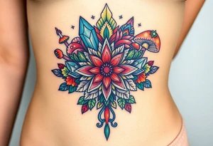 psychedelic  tattoo with crystals and  mandala style flowers and mushrooms like the second picture tattoo idea