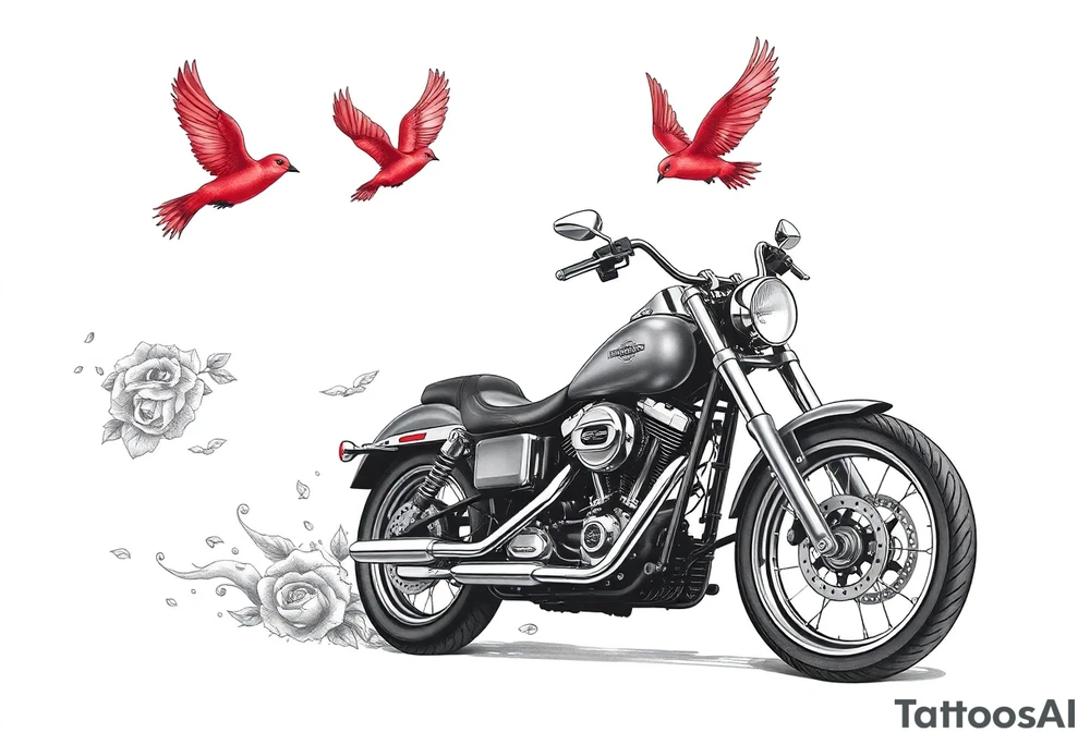 Harley grey motorcycle driving away, two red birds flying, roses and lace, flames tattoo idea