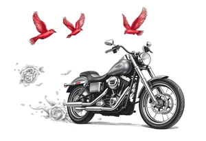 Harley grey motorcycle driving away, two red birds flying, roses and lace, flames tattoo idea