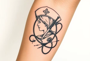 nurse hat and a needle and stethoscope  in an elaborate vintage cameo tattoo idea