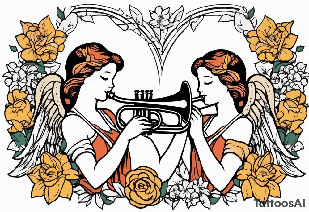 angels with trumpets
old school vintage simple traditional design with vintage flowers surrounding it tattoo idea