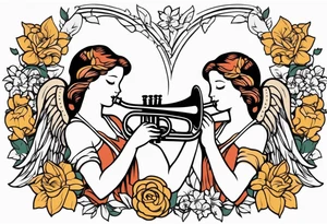 angels with trumpets
old school vintage simple traditional design with vintage flowers surrounding it tattoo idea