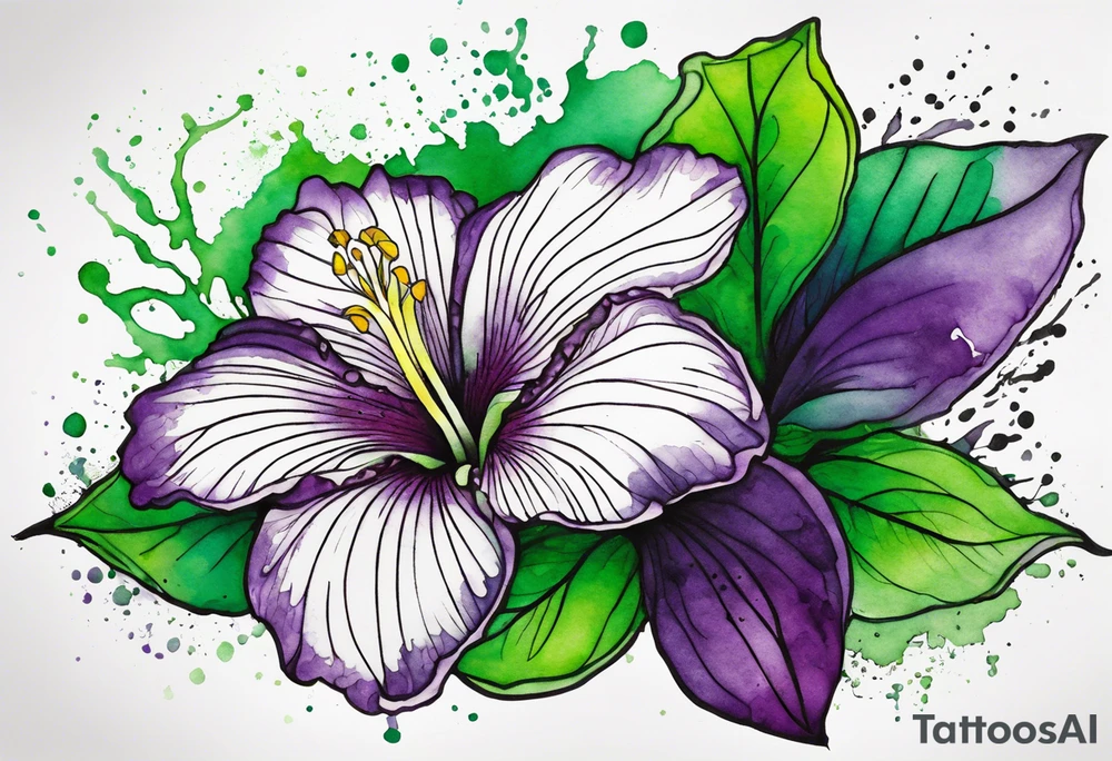 An outline of a rio dipladenia flower with green/purple pedals and a green/purple watercolor splash in the background tattoo idea