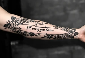 Ohio class submarine surrounded by roses that says “I’ll carry you home” tattoo idea