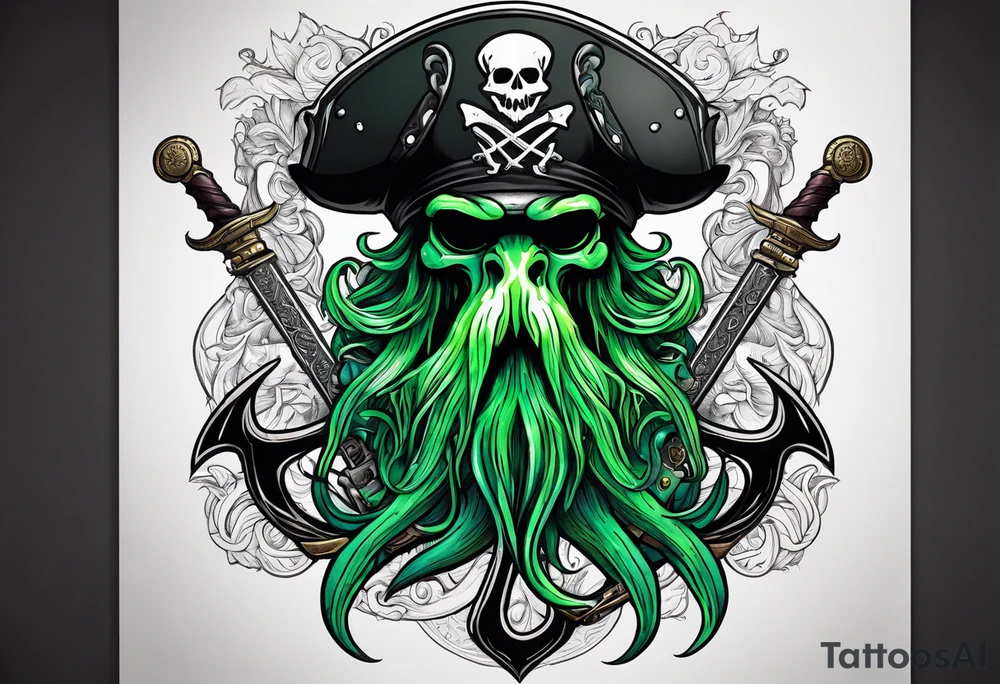 green pirate squid with tentacles holding bloody sword and anchor, black hat, beard tattoo idea