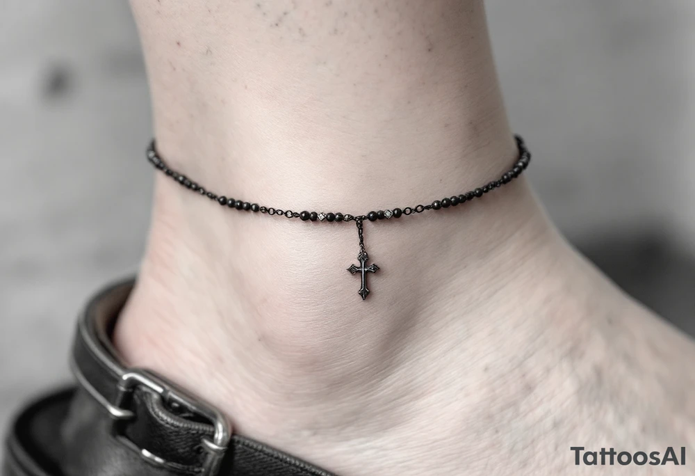 Delicate black‑ink rosary wrapping twice around the ankle, fine bead‑by‑bead shading that creates soft depth; each bead slightly worn for a vintage look, ending at the front of the ankle with a small detailed silver‑gray crucifix that rests just below the anklebone, subtle highlights on the chain links to suggest polished metal while keeping the overall palette muted charcoal and cool gray for an elegant, timeless feel. tattoo idea
