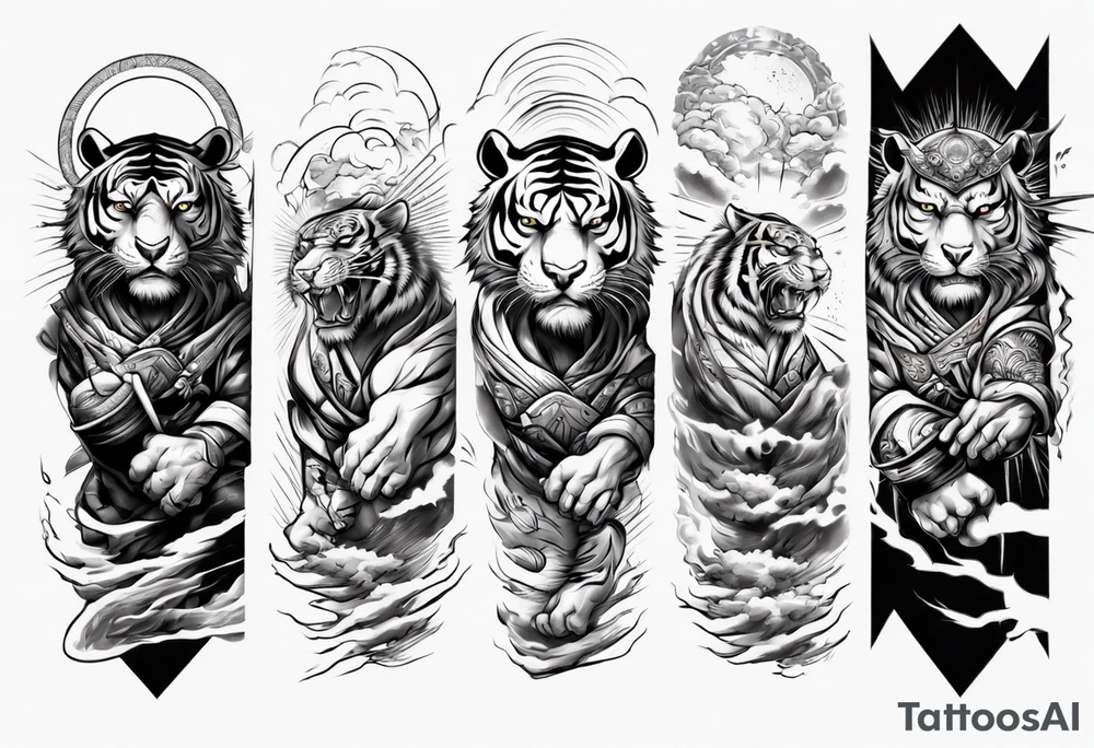 Tiger warrior with lightning and the sun for a forearm sleeve tattoo idea