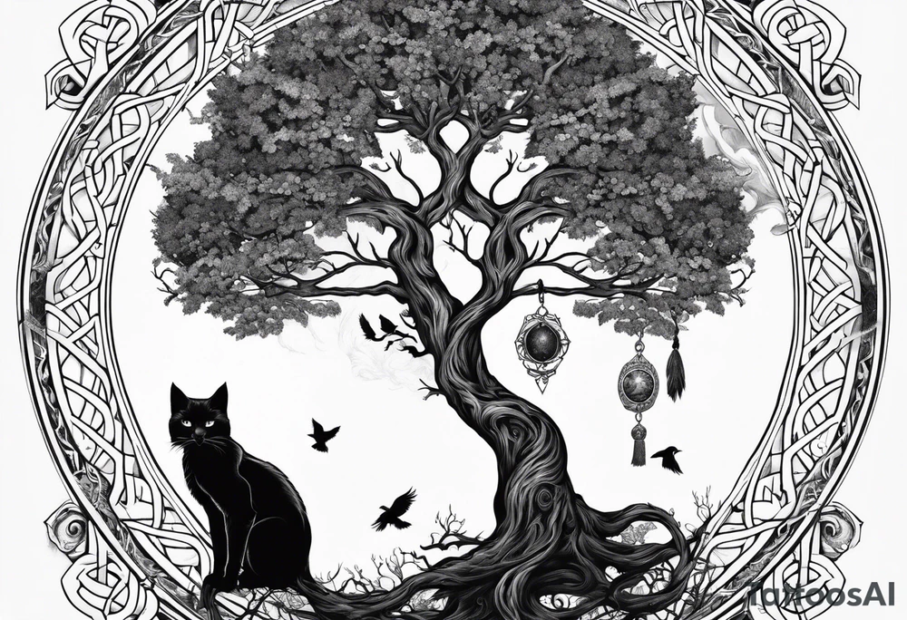 world tree with a cat and a raven and knotwork tattoo idea