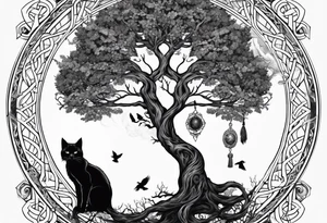 world tree with a cat and a raven and knotwork tattoo idea