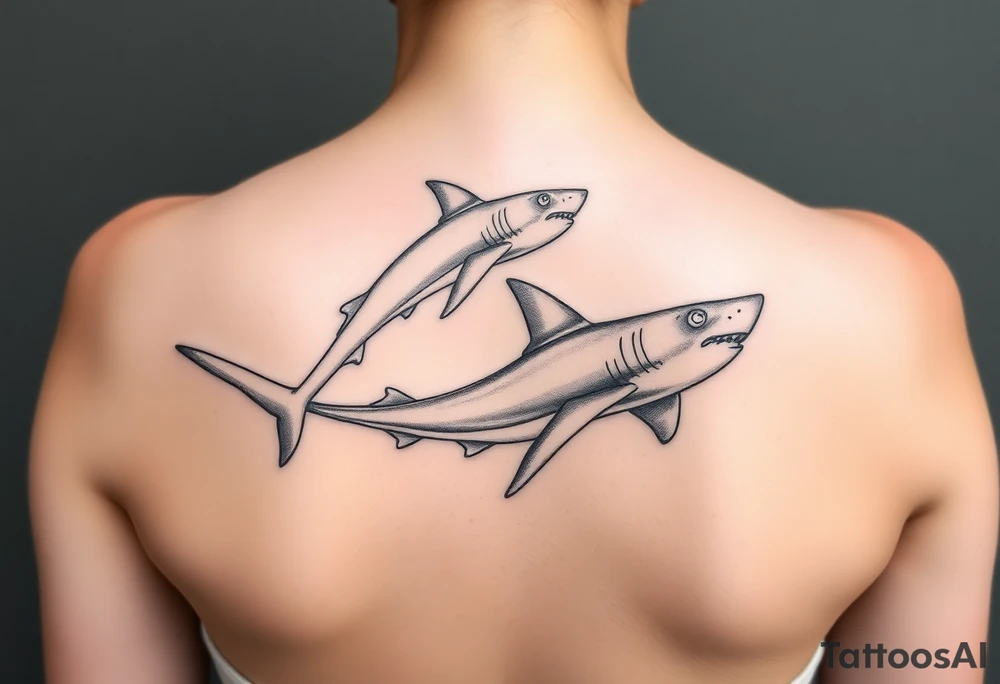 one lemon shark and one whale shark swimming laterally up the spine tattoo idea