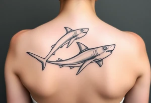 one lemon shark and one whale shark swimming laterally up the spine tattoo idea