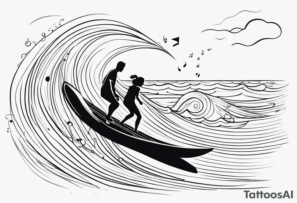 Black and white Line work tattoo depicting a father surfing with his daughters, incorporating musical notes. tattoo idea