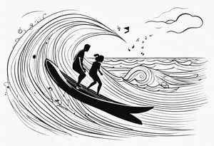 Black and white Line work tattoo depicting a father surfing with his daughters, incorporating musical notes. tattoo idea