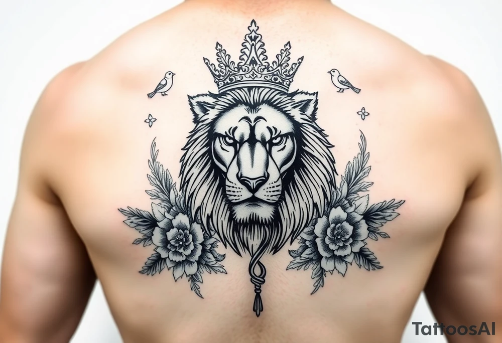 powerful majestic lion with a crown, surrounded by floral ornaments and birds tattoo idea