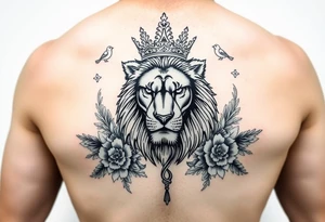 powerful majestic lion with a crown, surrounded by floral ornaments and birds tattoo idea