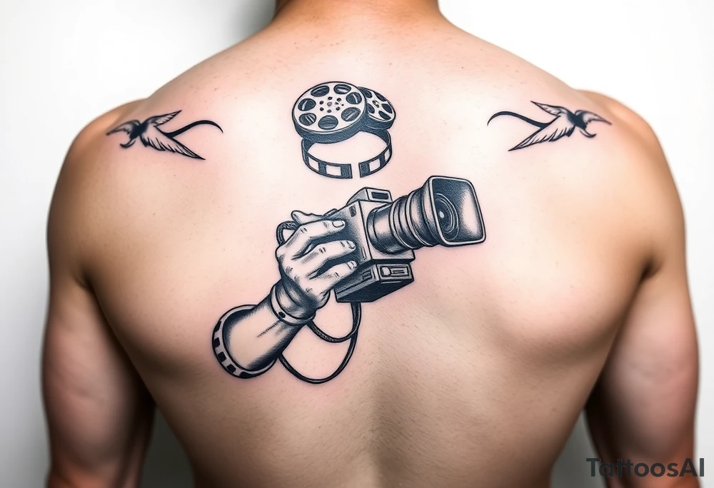 film reels cinematic person holding a camera and theatre screen tattoo idea