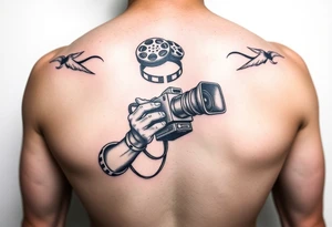 film reels cinematic person holding a camera and theatre screen tattoo idea