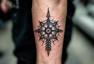 Rustic half compass half clock with and long native American arrow pointing at my wrist with the words “True North” tattoo idea