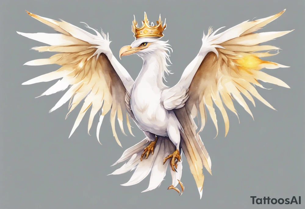 a watercolor of a white bird-wyvern hybrid wearing a plain crown, with light gold wing feathers tattoo idea
