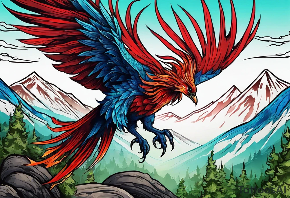Blue and red Phoenix rising from the green ashes on a mountain tattoo idea