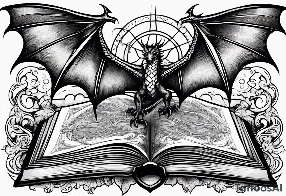 an empty open book with a sword through it, dragonwings and sparks surrounding the book. tattoo idea