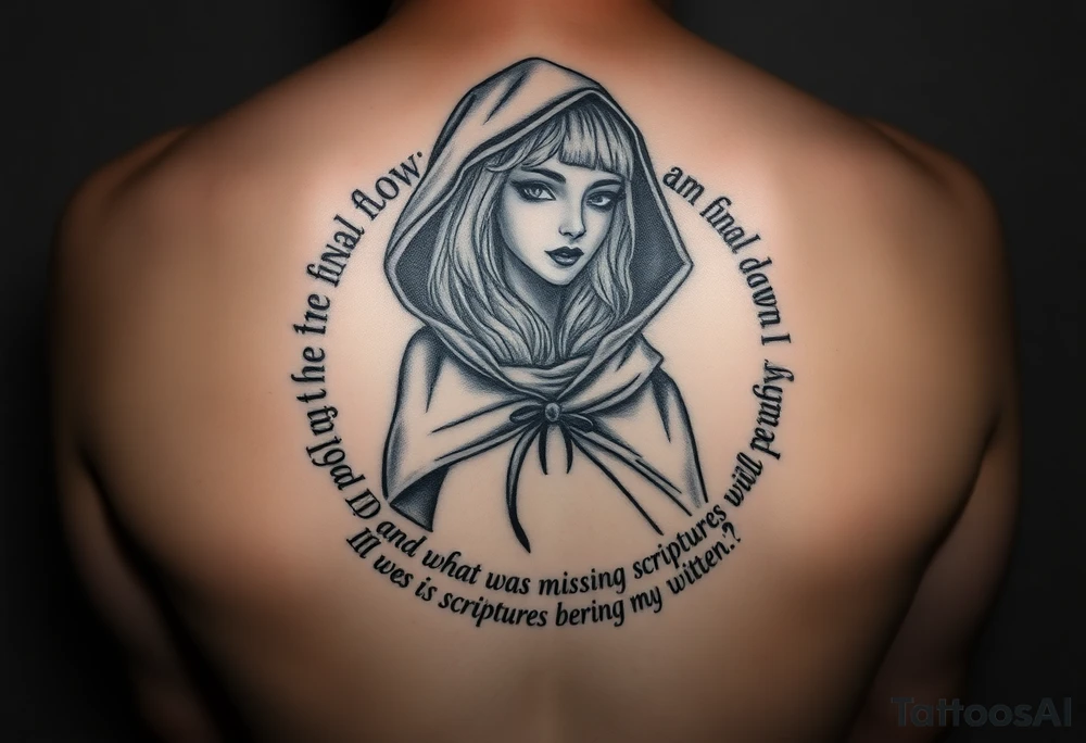 Gothic girl with a cape on in demi light circled around with these lyrics " I am the final dawn I am the flood and what was missing from those scriptures will be written in my blood" tattoo idea