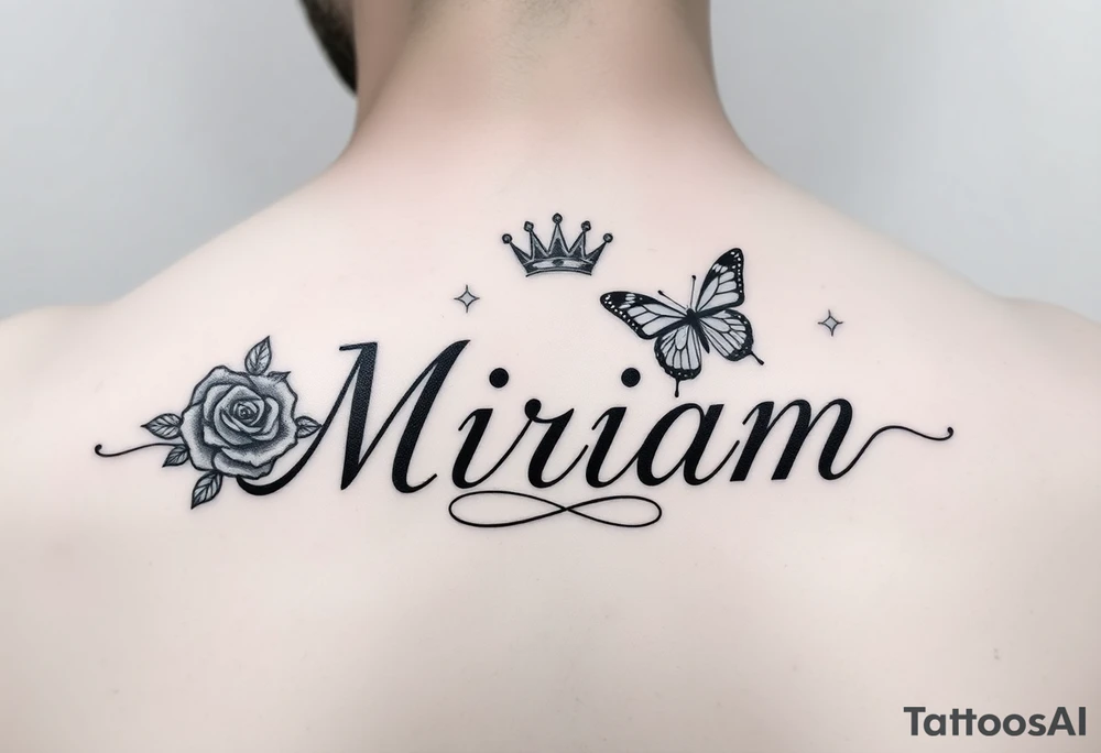 Name tattoo that’s says Miriam with a rose, crown, and butterfly for forearm tattoo idea