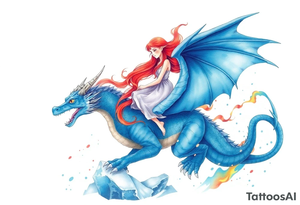 Redheaded girl riding a blue dragon with wings spread and flying over ice and fire tattoo idea