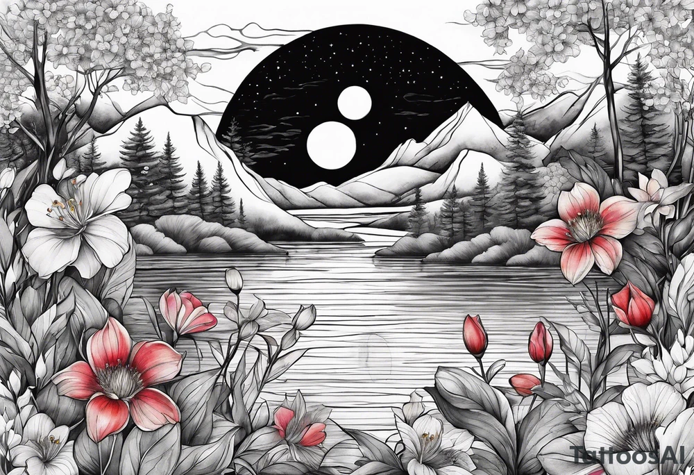 Secret, hidden garden, flowers, lake, daylight moon, more flowers love hidden gem tattoo idea