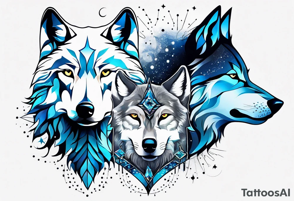 Constellation, two animal wolf, snowflake tattoo idea