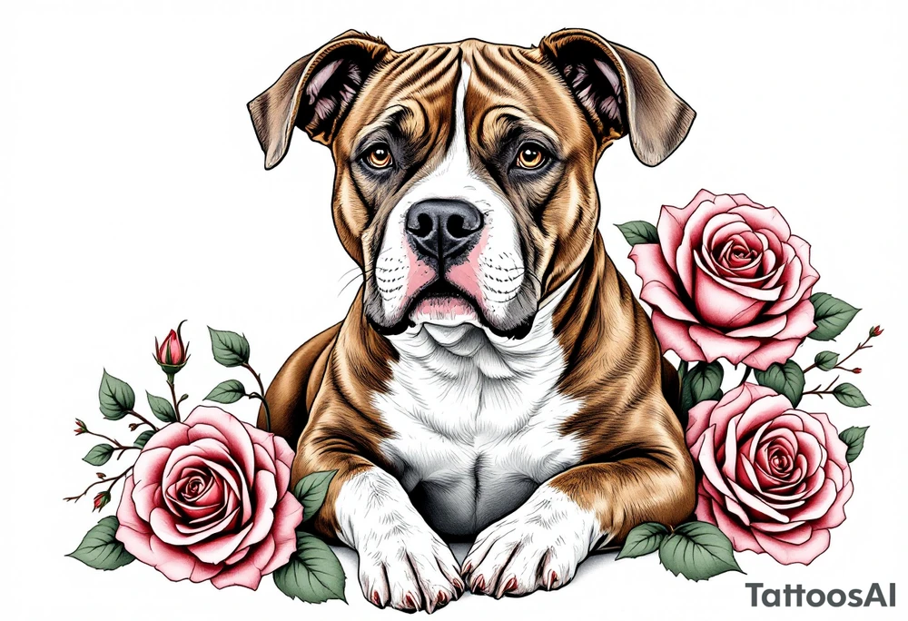 Brown and white pitbull with kind eyes, sitting calmly, surrounded by roses in muted red and soft green leaves, gentle realism. tattoo idea