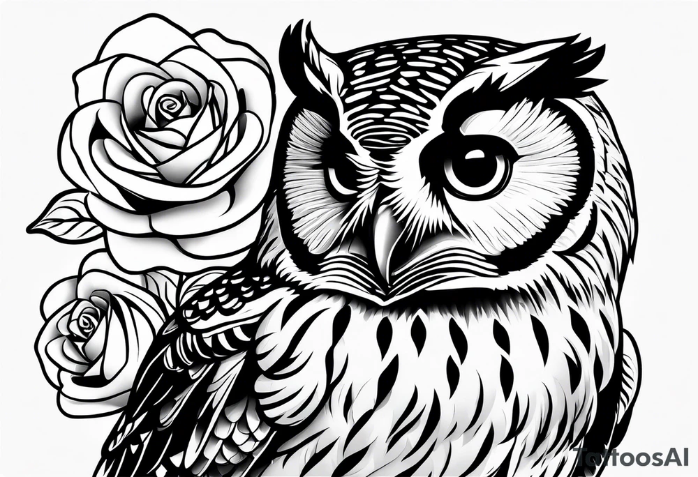 Barred owl with a single rose tattoo idea