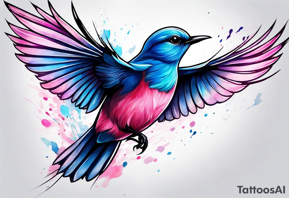 pink and blue bird in flight tattoo idea