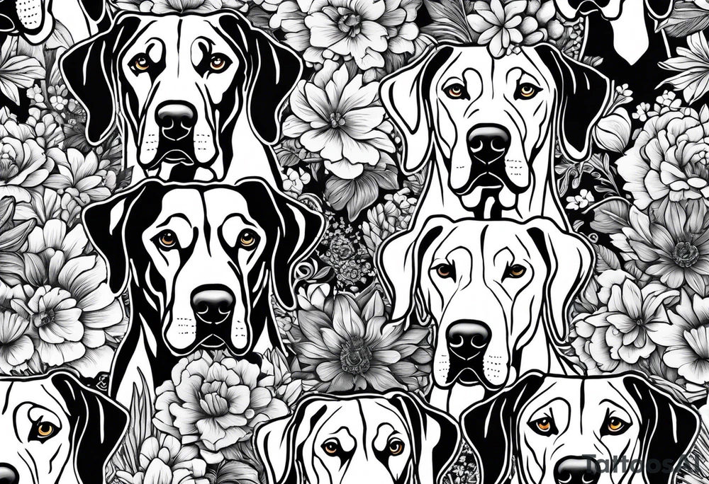 Arm sleeve that has 4 separate small Great Dane heads mixed in with other fill work that resembles the outdoors tattoo idea