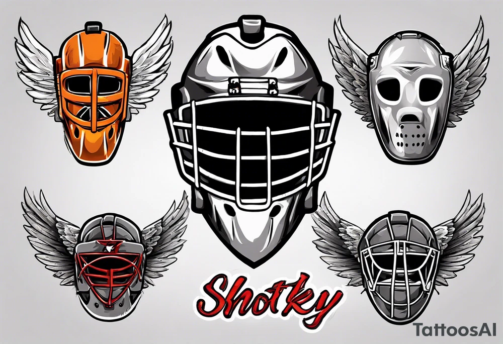 hockey puck with wings and a goalie mask that says "SHOT HOCKEY" tattoo idea