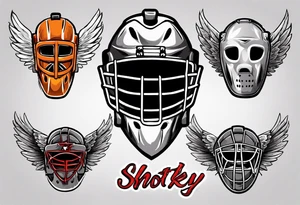 hockey puck with wings and a goalie mask that says "SHOT HOCKEY" tattoo idea