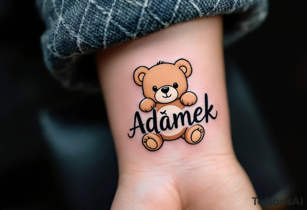 Adámek name written inside a light brown teddy bear, stitched in soft outline style. tattoo idea