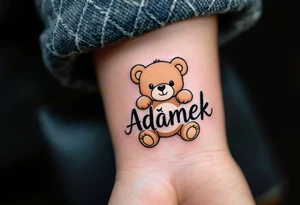 Adámek name written inside a light brown teddy bear, stitched in soft outline style. tattoo idea