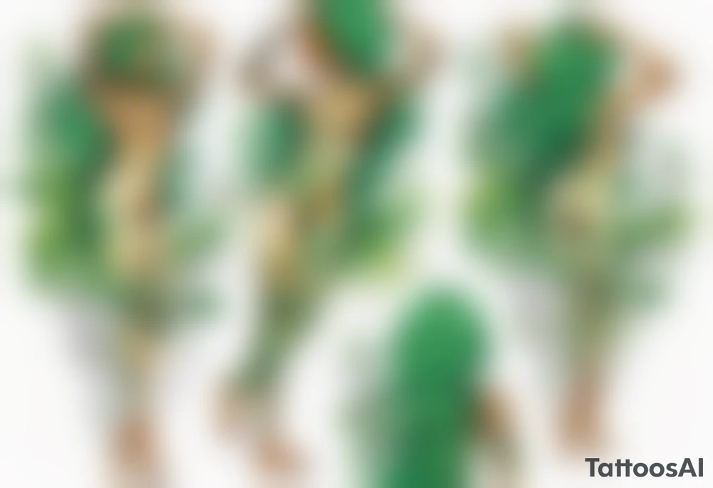 a black woman with green hair, her feet are tree roots, arms raised towards the sun tattoo idea