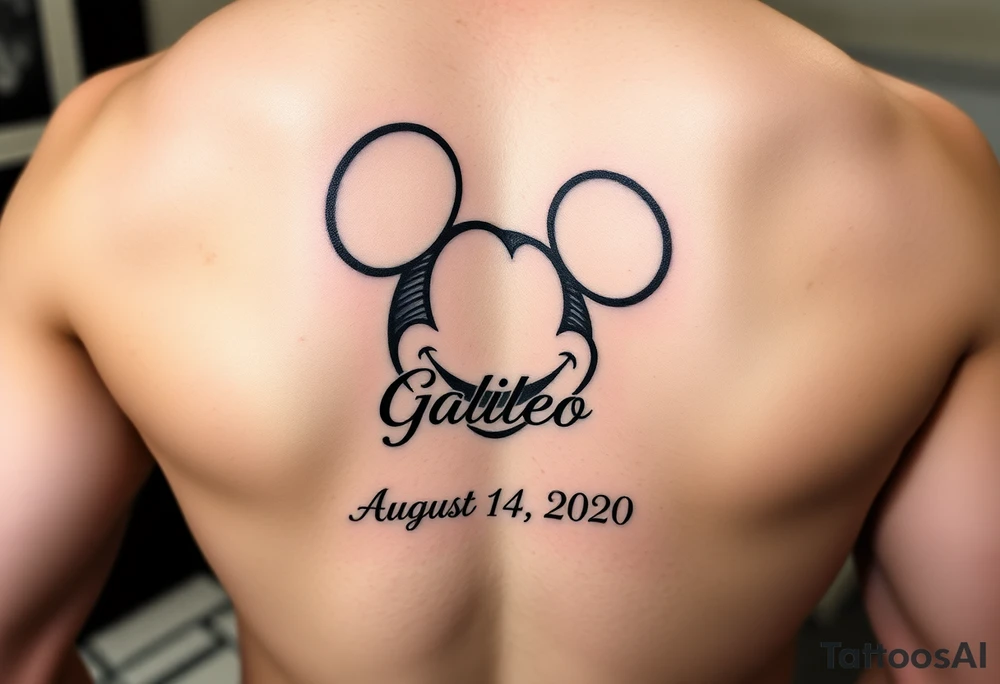 mickey mouse symbol with the name Galileo and the date August 14,2020, incorporated tattoo idea