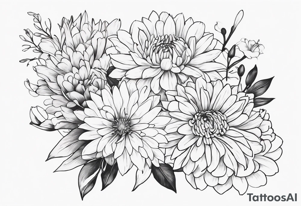 Asters, roses, lillies, and chrysanthemums in a long line tattoo idea