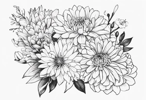 Asters, roses, lillies, and chrysanthemums in a long line tattoo idea