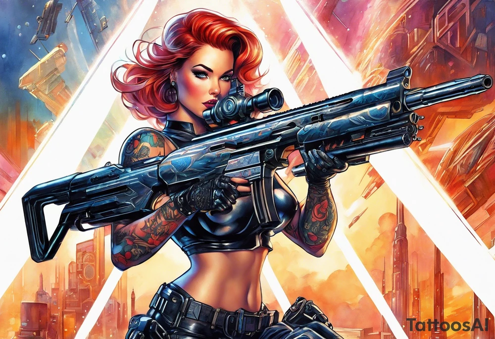 cyborg pinup girl holding massive weapon, retro futurism, no tattoos tattoo idea